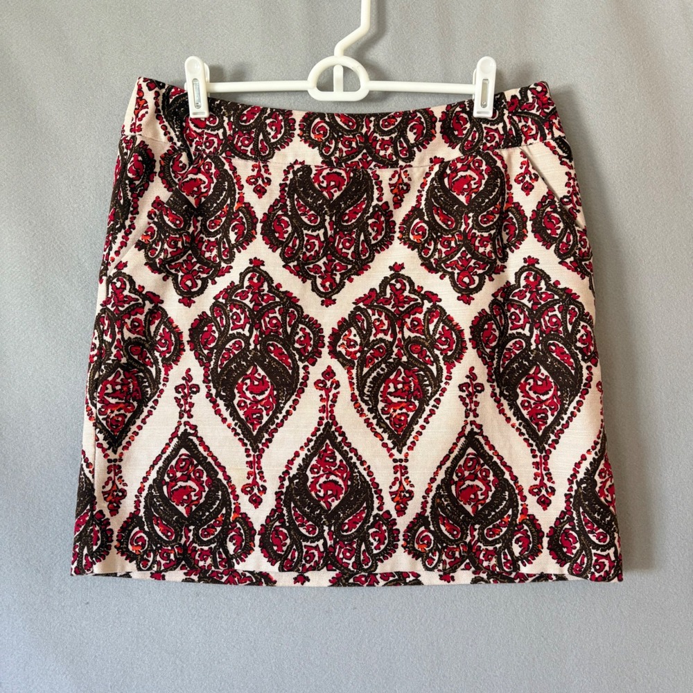 Damask Red Brown Cream Paisley Mini Skirt Merona 100% Cotton Lined Chic Size 10